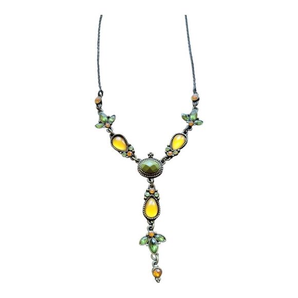🤑 3 for $20 - Antique Style Green & Amber Stone Y Necklace - Picture 1 of 3